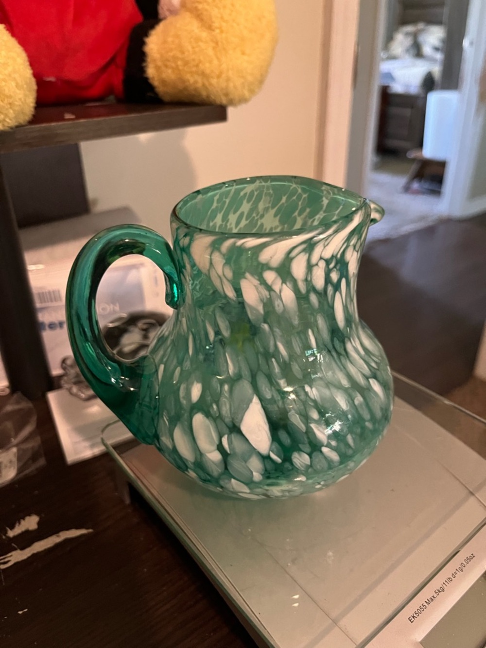 Green and White Speckled Glass Pitcher - Art Glass Home Accent